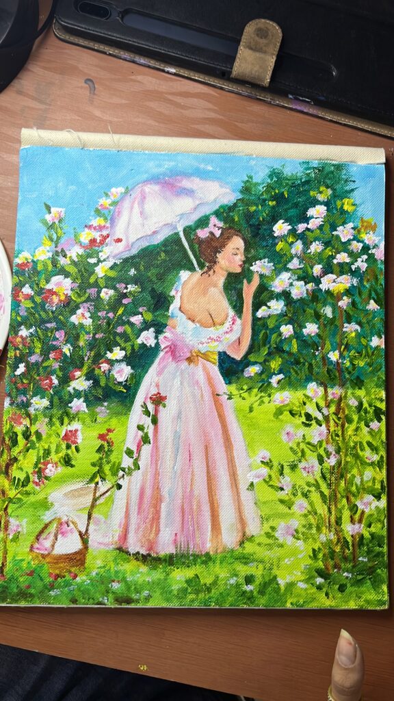 Lady with Umbrella in Gown in Garden