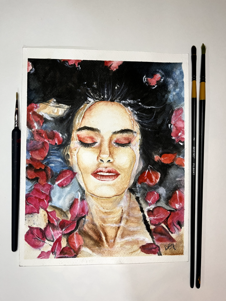 Girl Face In Water With Rose Petals